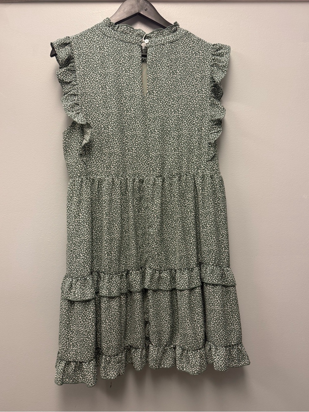 Jodifl Prairie Boho Ruffle Tiered Mini Dress L Flowy Animal Print Sage Mock Neck - Picture 2 of 8